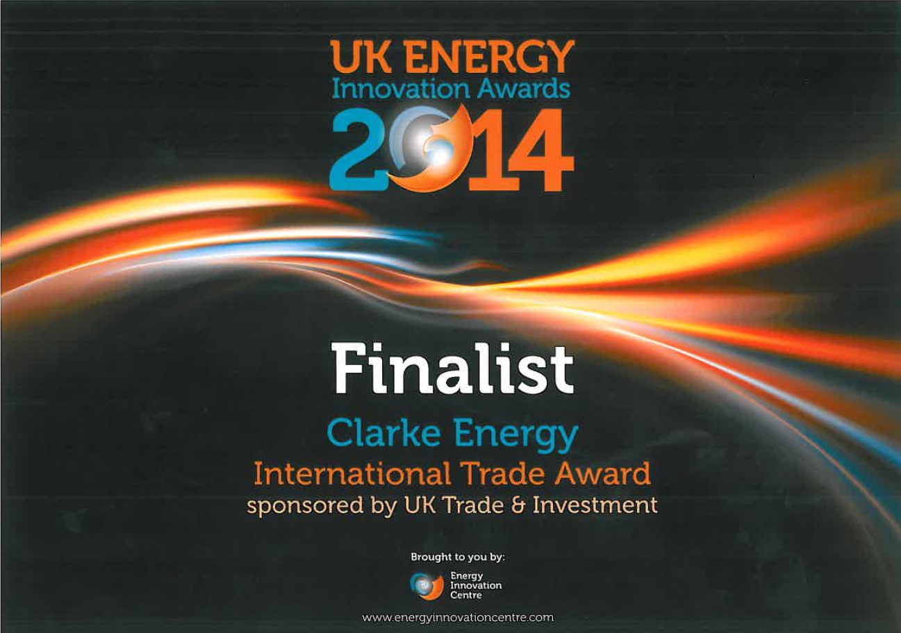 Certificate highlighting Clarke Energy as Finalist in UK Innovation Awards 2014, Sponsored by UKTI