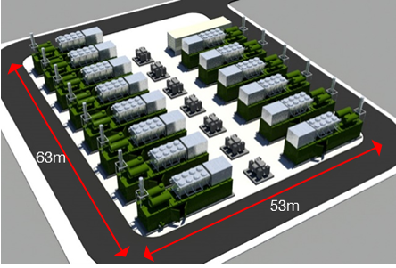 An image showing a conceptual capacity market plant with 14 of GE's containerised Jenbacher gas engines