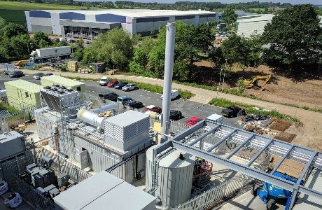 A photograph of the Plastic Omnium, Base Power, combined cooling heat and power plant (CCHP) supplied by Clarke Energy