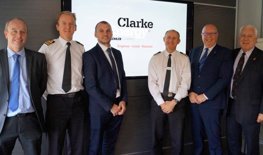 Photograph of Craig Escott, Service Director, Clarke Energy, Thomas Hetherington Lieutenant Commander HMS Prince of Wales, Alan Frost Commercial Operations Manager, Clarke Energy, Haydn Rees, Managing Director Clarke Energy, High Sheriff of Merseyside Mr Stephen Burrows Esq DL