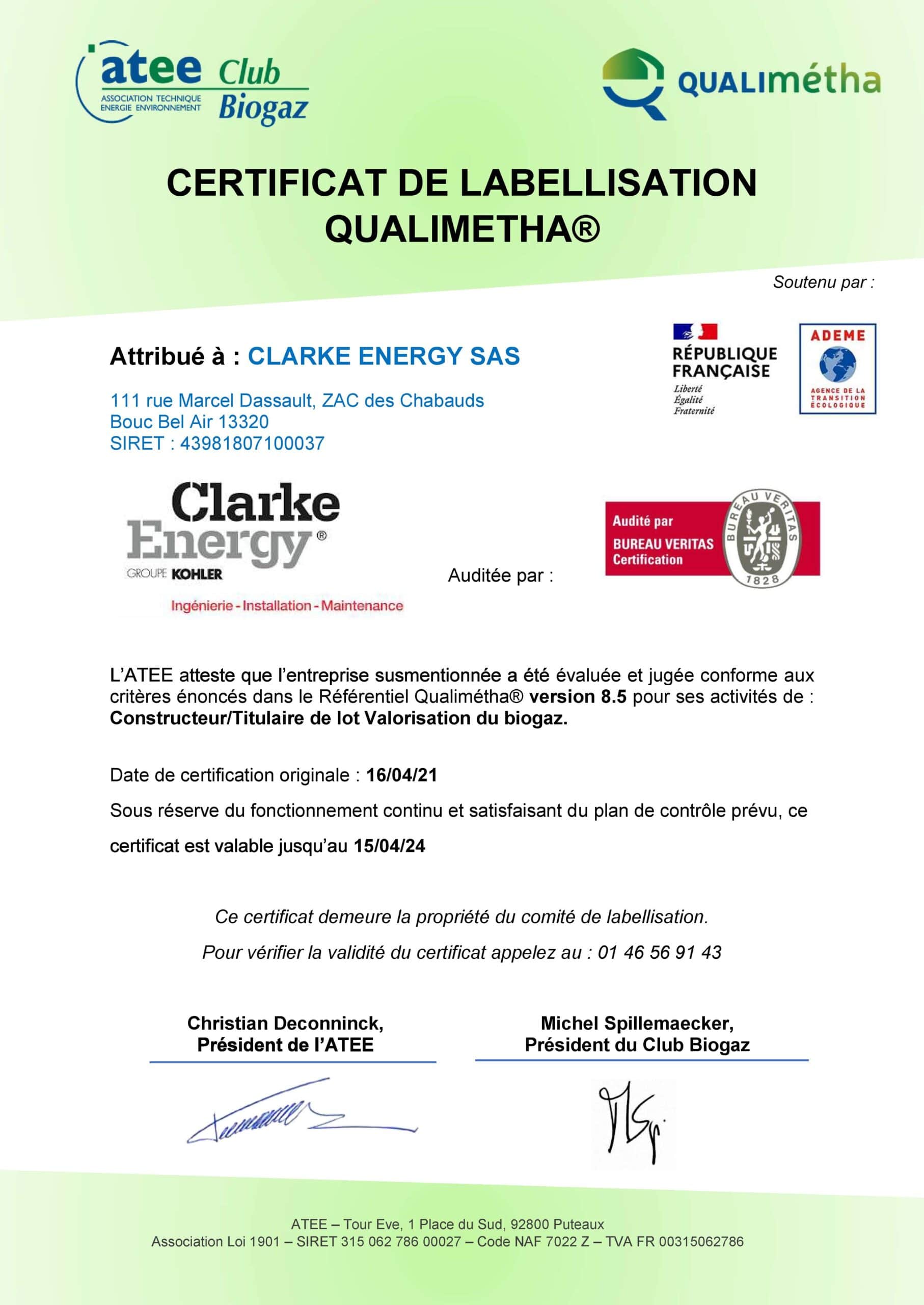 Certificat QUALIMETHA CEF 20212024 Clarke Energy