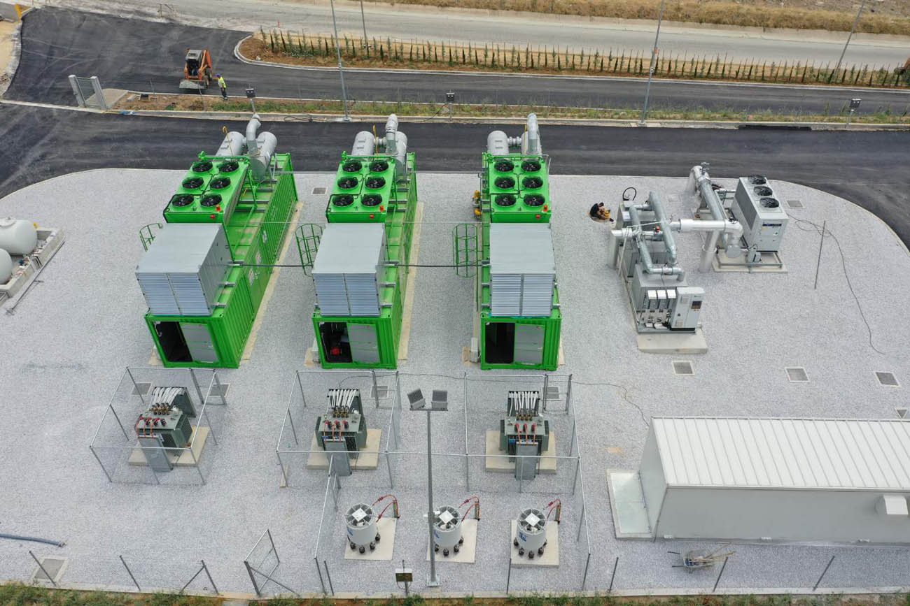 A birds eye view of the 3 INNIO Jenbacher JGC416 gas engines installed at a waste management site in Greece.