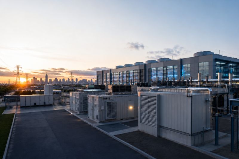 Image of a data center next to a power station with city in the background
