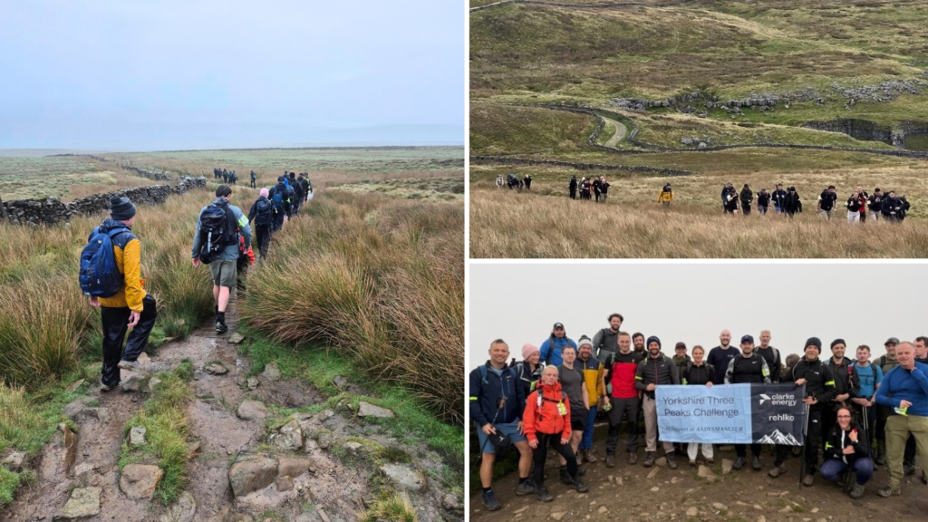 Three images show the Clarke Energy UK team completing the Three Peaks challenge for charity. Photos show members of the team and scenery in Yorkshire.