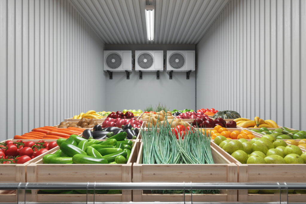 Refrigeration Chamber With Close-up Of Fruits And Vegetables In The Crates