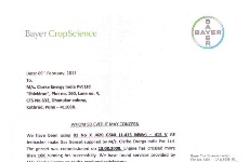 Letter of appreciation from Bayer CropScience