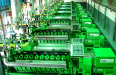 Engine hall featuring numerous GE Jenbacher gas engines