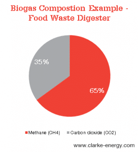 A pie chart showing the typical composition of biogas originating from food wastes